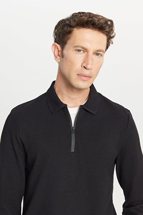 %100 Pamuk Slim Fit Dar Kesim Polo Yaka Uzun Kollu Siyah Uzun Kollu Tişört resmi