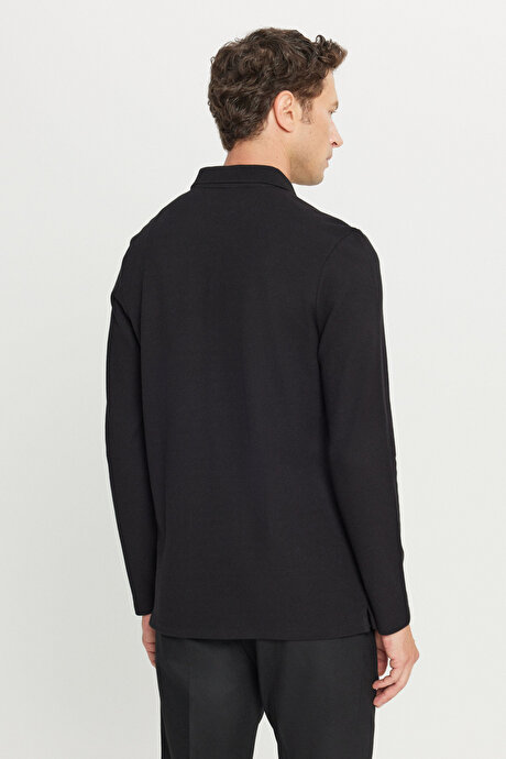 %100 Pamuk Slim Fit Dar Kesim Polo Yaka Uzun Kollu Siyah Uzun Kollu Tişört resmi