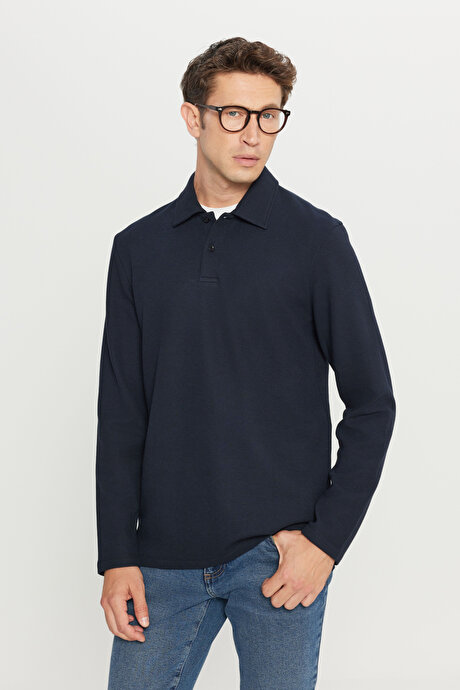 Pamuklu Slim Fit Dar Kesim Polo Yaka Jakarlı Esnek Lacivert Uzun Kollu Tişört resmi