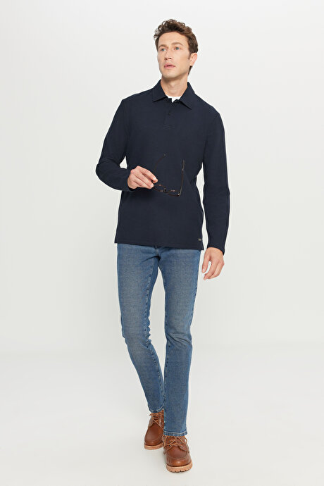 Pamuklu Slim Fit Dar Kesim Polo Yaka Jakarlı Esnek Lacivert Uzun Kollu Tişört resmi