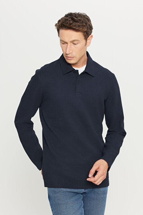 Pamuklu Slim Fit Dar Kesim Polo Yaka Jakarlı Esnek Lacivert Uzun Kollu Tişört resmi