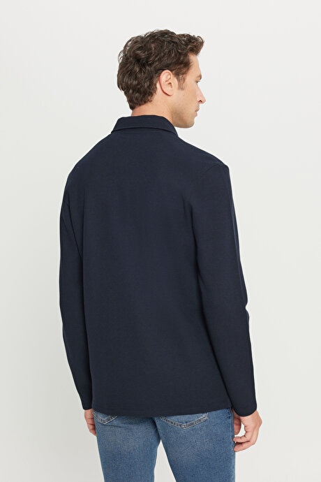 Pamuklu Slim Fit Dar Kesim Polo Yaka Jakarlı Esnek Lacivert Uzun Kollu Tişört resmi