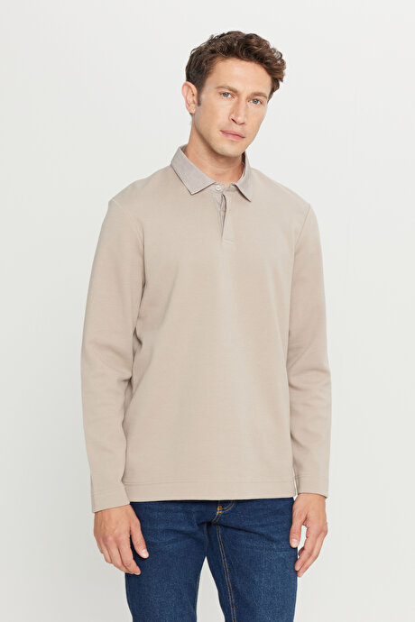 Pamuklu Slim Fit Dar Kesim Polo Yaka Uzun Kollu Esnek Bej Uzun Kollu Tişört resmi