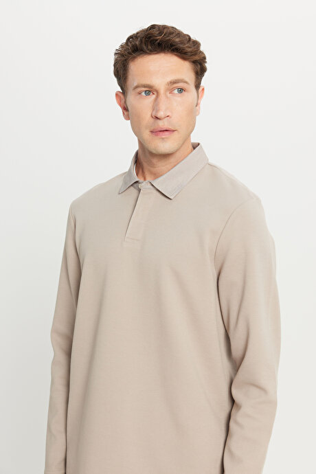 Pamuklu Slim Fit Dar Kesim Polo Yaka Uzun Kollu Esnek Bej Uzun Kollu Tişört resmi