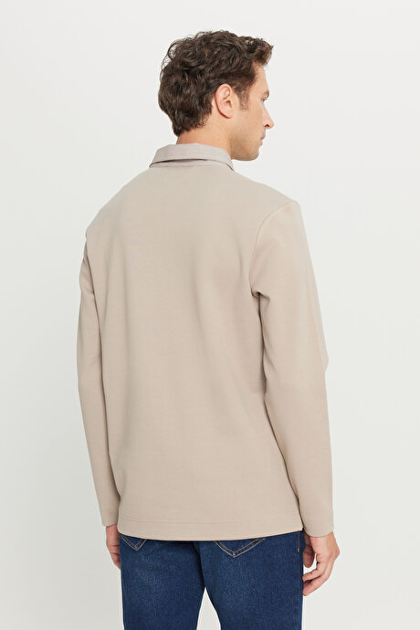 Pamuklu Slim Fit Dar Kesim Polo Yaka Uzun Kollu Esnek Bej Uzun Kollu Tişört resmi