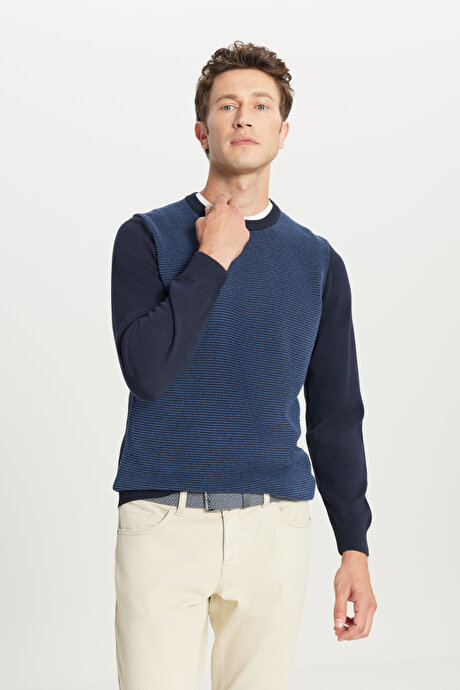 Pamuklu Standart Fit Normal Kesim Bisiklet Yaka Jakarlı Triko Lacivert Kazak resmi