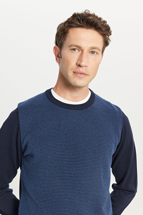 Pamuklu Standart Fit Normal Kesim Bisiklet Yaka Jakarlı Triko Lacivert Kazak resmi