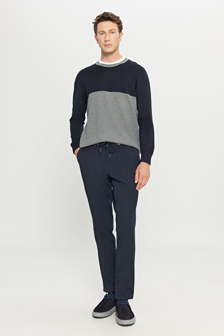 Pamuklu Standart Fit Normal Kesim Bisiklet Yaka Desenli Triko Lacivert Kazak resmi