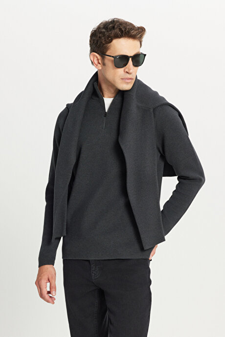 Pamuklu Slim Fit Dar Kesim Bato Yaka Dokulu Triko Antrasit-Melanj Kazak resmi