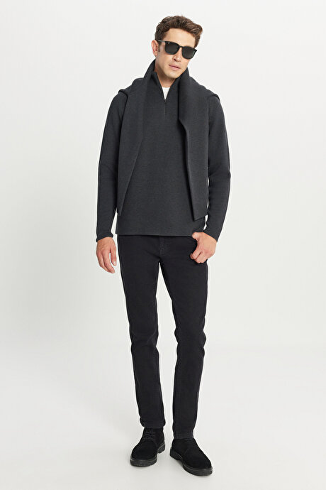 Pamuklu Slim Fit Dar Kesim Bato Yaka Dokulu Triko Antrasit-Melanj Kazak resmi