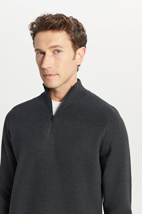 Pamuklu Slim Fit Dar Kesim Bato Yaka Dokulu Triko Antrasit-Melanj Kazak resmi