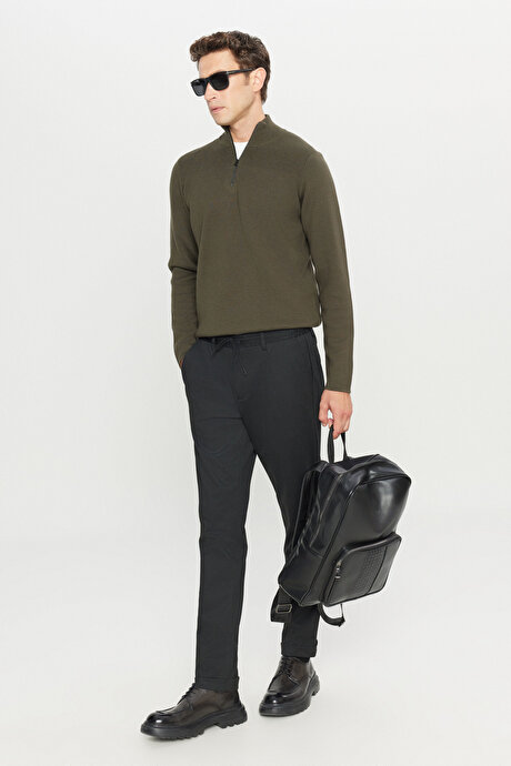 Pamuklu Slim Fit Dar Kesim Bato Yaka Dokulu Triko Haki Melanj Kazak resmi