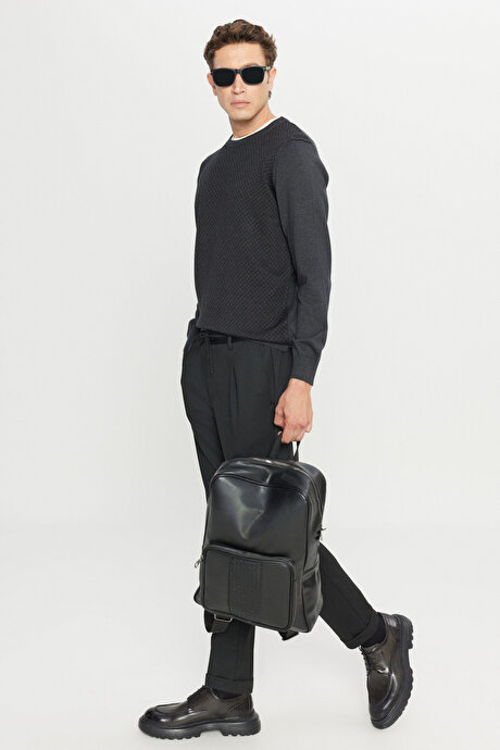 Pamuklu Standart Fit Normal Kesim Bisiklet Yaka Desenli Triko Antrasit-Melanj Kazak resmi