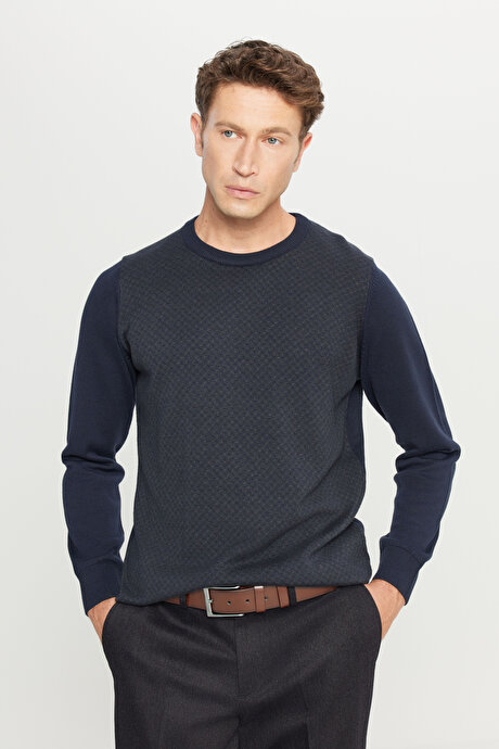 Pamuklu Standart Fit Normal Kesim Bisiklet Yaka Desenli Triko Lacivert Kazak resmi