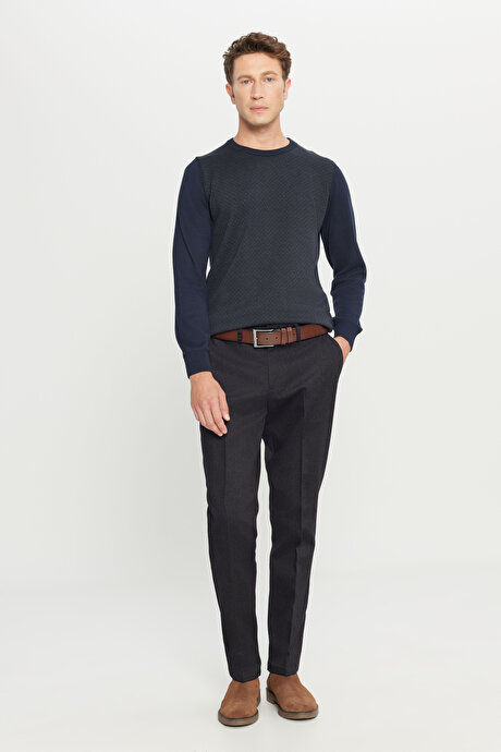 Pamuklu Standart Fit Normal Kesim Bisiklet Yaka Desenli Triko Lacivert Kazak resmi