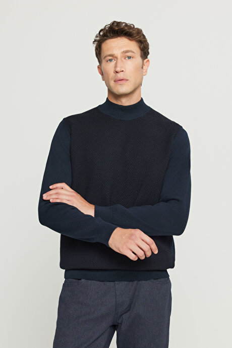 %100 Pamuk Standart Fit Normal Kesim Yarım Balıkçı Yaka Jakarlı Triko Lacivert-Siyah KazakACE049261248LSY