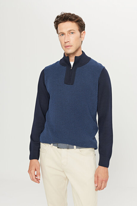 Pamuklu Standart Fit Normal Kesim Bato Yaka Jakarlı Triko Lacivert Kazak resmi