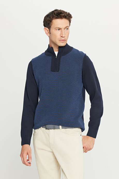 Pamuklu Standart Fit Normal Kesim Bato Yaka Jakarlı Triko Lacivert Kazak resmi