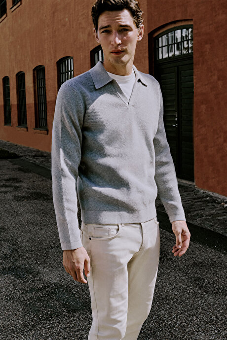 Pamuklu Standart Fit Normal Kesim Polo Yaka Triko Gri Melanj Triko resmi