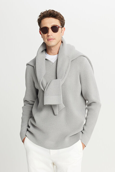 Pamuklu Standart Fit Normal Kesim Polo Yaka Triko Gri Melanj Triko resmi