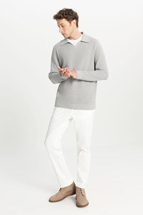 Pamuklu Standart Fit Normal Kesim Polo Yaka Triko Gri Melanj Triko resmi