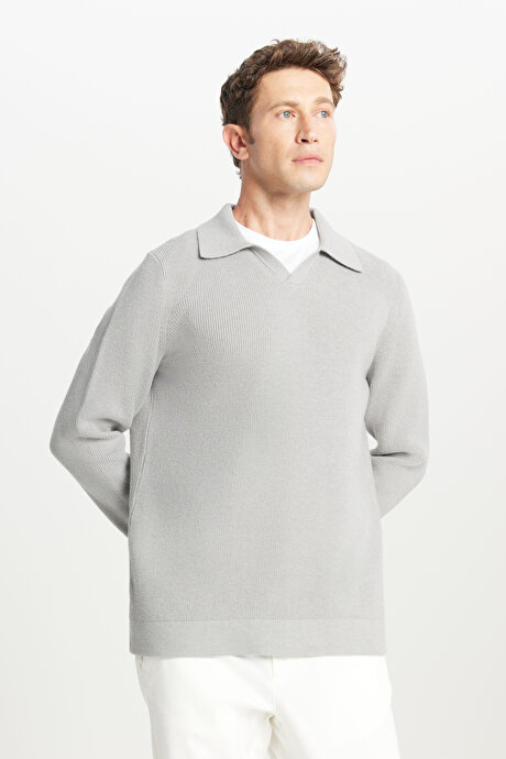 Pamuklu Standart Fit Normal Kesim Polo Yaka Triko Gri Melanj Triko resmi