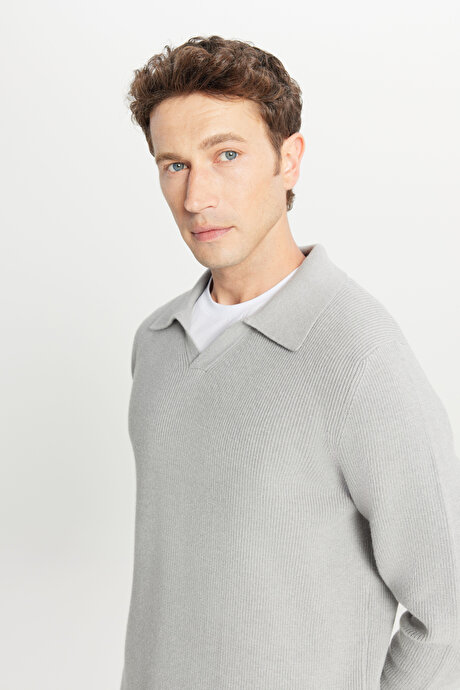 Pamuklu Standart Fit Normal Kesim Polo Yaka Triko Gri Melanj Triko resmi