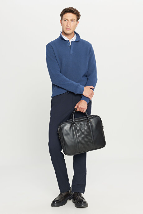 Pamuklu Standart Fit Normal Kesim Jakarlı Polo Yaka Triko Mavi Triko resmi