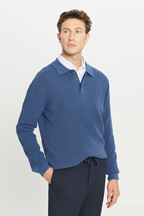 Pamuklu Standart Fit Normal Kesim Jakarlı Polo Yaka Triko Mavi Triko resmi