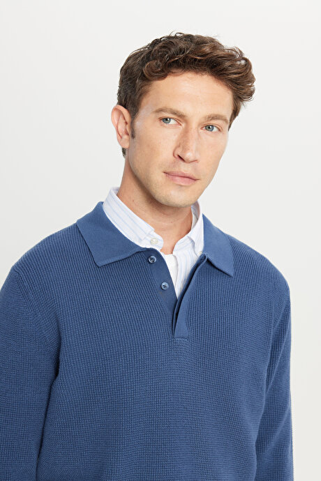 Pamuklu Standart Fit Normal Kesim Jakarlı Polo Yaka Triko Mavi Triko resmi