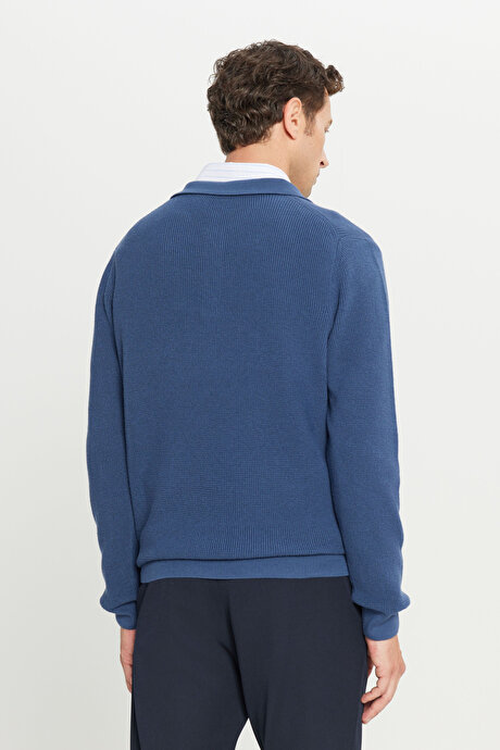 Pamuklu Standart Fit Normal Kesim Jakarlı Polo Yaka Triko Mavi Triko resmi