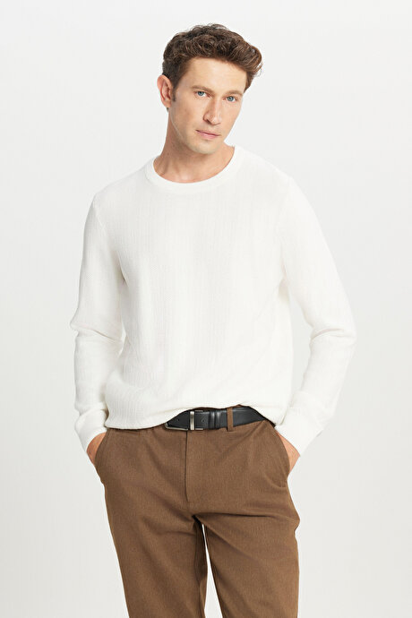 Pamuklu Standart Fit Normal Kesim Bisiklet Yaka Jakarlı Triko Ekru Kazak resmi