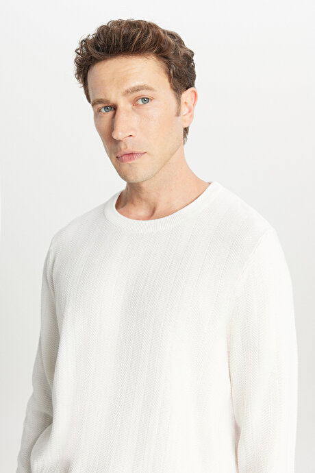 Pamuklu Standart Fit Normal Kesim Bisiklet Yaka Jakarlı Triko Ekru Kazak resmi