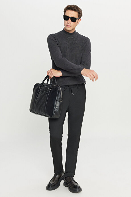 Pamuklu Standart Fiit Normal Kesim Yarım Balıkçı Yaka Jakarlı Triko Antrasit-Melanj Kazak resmi