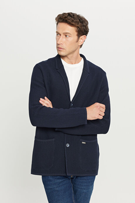 Pamuklu Standart Fit Normal Kesim Mono Yaka Torba Cepli Jakarlı Triko Lacivert Triko Ceket resmi