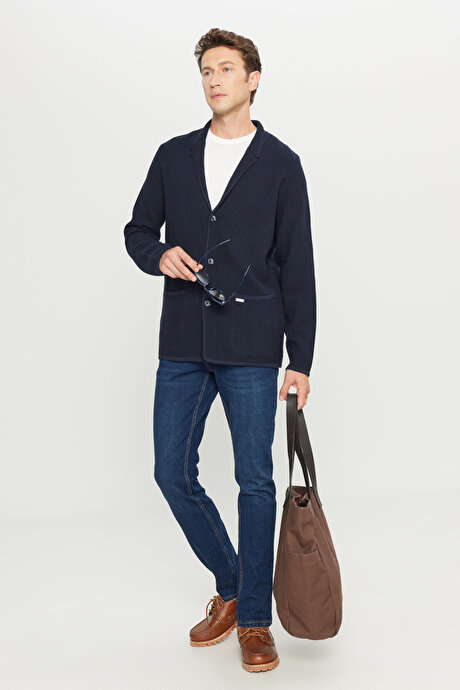 Pamuklu Standart Fit Normal Kesim Mono Yaka Torba Cepli Jakarlı Triko Lacivert Triko Ceket resmi