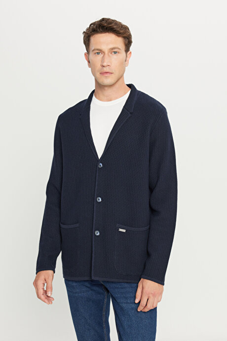 Pamuklu Standart Fit Normal Kesim Mono Yaka Torba Cepli Jakarlı Triko Lacivert Triko Ceket resmi