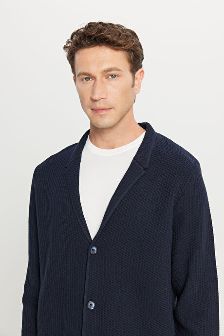 Pamuklu Standart Fit Normal Kesim Mono Yaka Torba Cepli Jakarlı Triko Lacivert Triko Ceket resmi