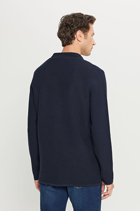 Pamuklu Standart Fit Normal Kesim Mono Yaka Torba Cepli Jakarlı Triko Lacivert Triko Ceket resmi
