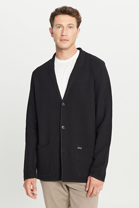 Pamuklu Standart Fit Normal Kesim Mono Yaka Torba Cepli Jakarlı Triko Siyah Triko Ceket resmi