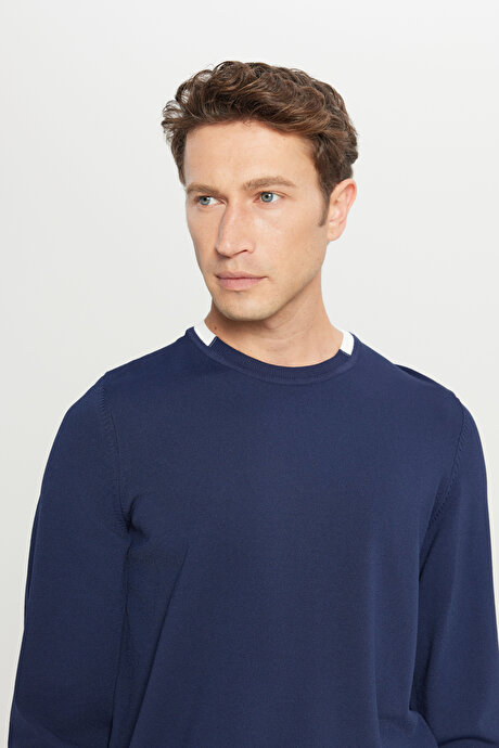 Yumuşak Dokulu Standart Fit Normal Kesim Bisiklet Yaka Triko Lacivert Kazak resmi