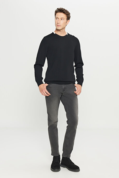 Yumuşak Dokulu Standart Fit Normal Kesim Bisiklet Yaka Triko Siyah Kazak resmi