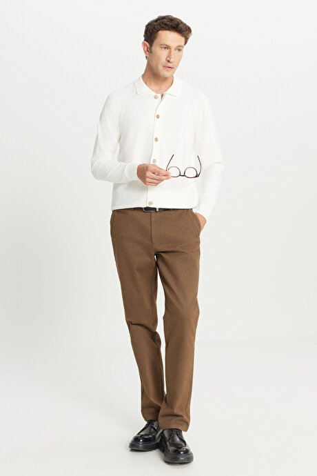 Standart Fit Normal Kesim Gömlek Yaka Jakarlı Triko Ekru Triko Hırka resmi