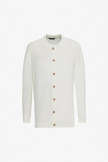 Standart Fit Normal Kesim Gömlek Yaka Jakarlı Triko Ekru Triko Hırka resmi