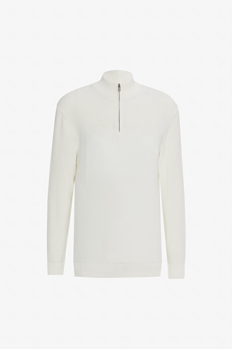 %100 Pamuk Standart Fit Normal Kesim Bato Yaka Jakarlı Triko Ekru Kazak resmi