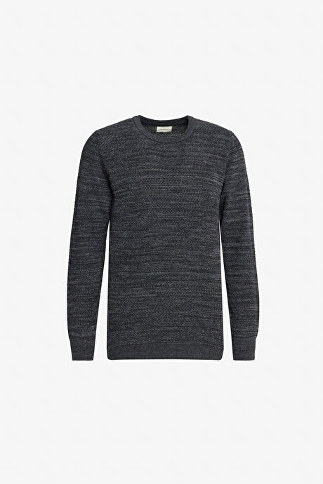 Pamuklu Standart Fit Normal Kesim Bisiklet Yaka Jakarlı Triko Antrasit-Melanj Kazak resmi