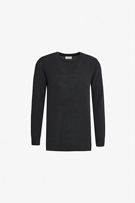 Pamuklu Standart Fit Normal Kesim Bisiklet Yaka Jakarlı Triko Siyah Kazak resmi