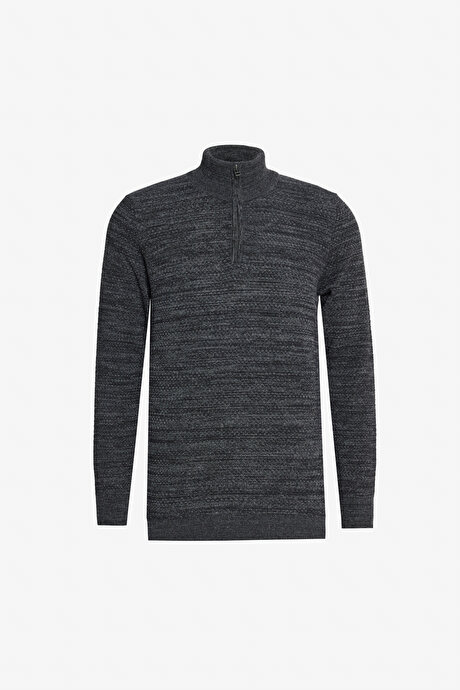 Pamuklu Standart Fit Normal Kesim Bato Yaka Jakarlı Triko Antrasit-Melanj Kazak resmi