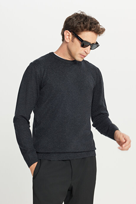 Yünlü Standart Fit Normal Kesim Bisiklet Yaka Triko Basic Antrasit-Melanj Kazak resmi