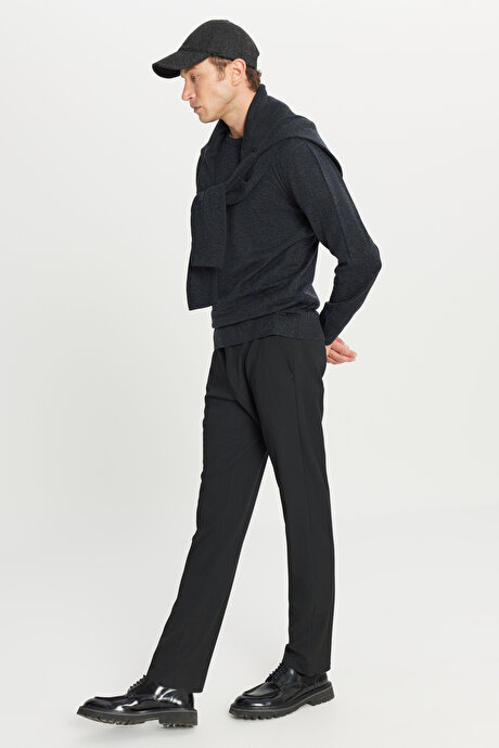 Yünlü Standart Fit Normal Kesim Bisiklet Yaka Triko Basic Antrasit-Melanj Kazak resmi